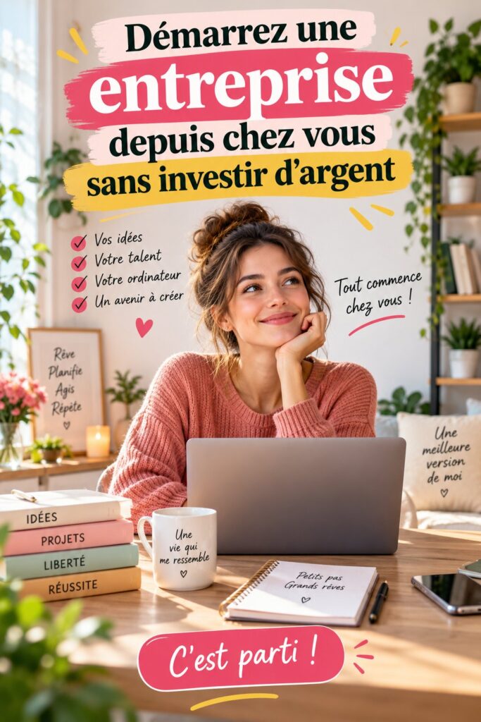 Femme entrepreneuse souriante travaillant sur son ordinateur à domicile, symbolisant le démarrage d'une entreprise sans investissement.