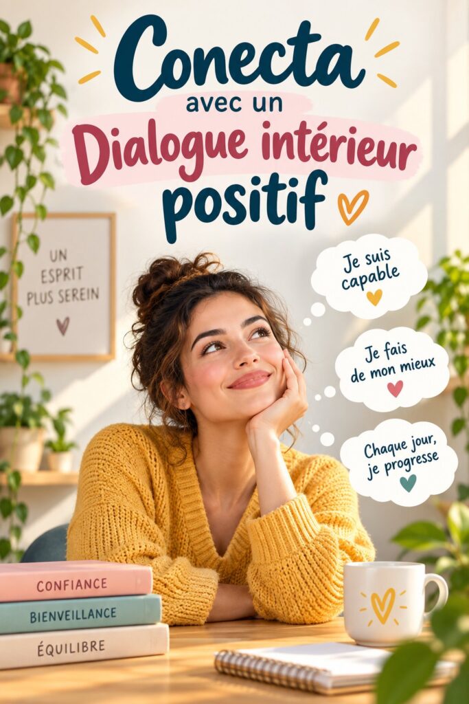 Femme en train de réfléchir avec un sourire, évoquant un dialogue intérieur positif.
