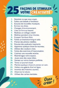 Femme souriante, entourée de matériel artistique, explorant sa créativité.