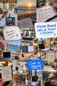 Une femme souriante créant un tableau de vision avec des images motivantes pour le travail à distance.
