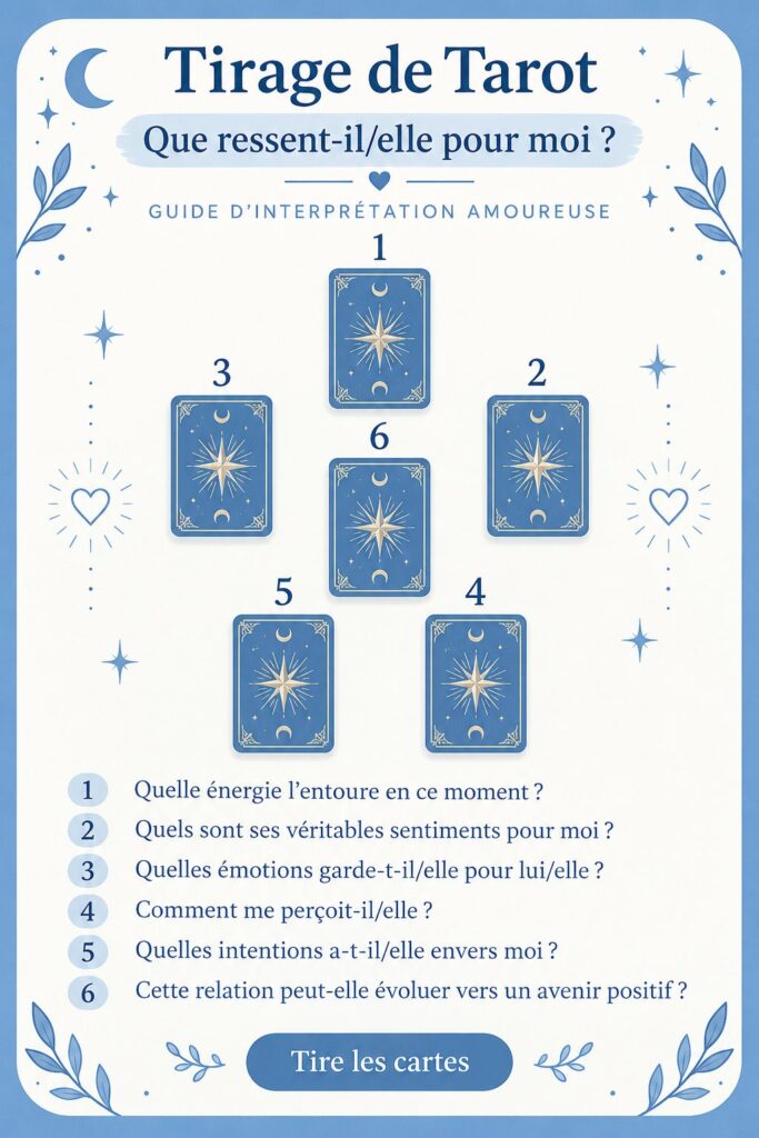Un tirage de tarot sur une table, avec des cartes disposées pour explorer les sentiments amoureux.
