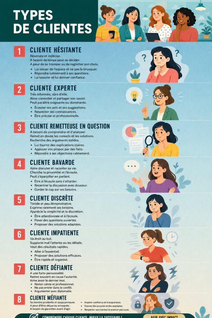 Illustration représentant différents types de clientes dans un contexte entrepreneurial